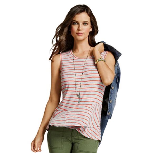 CAbi 5331 Ruffle Tank Gray Orange Striped Asymmetric Hem Sleeveless Top Sz S - Picture 2 of 7